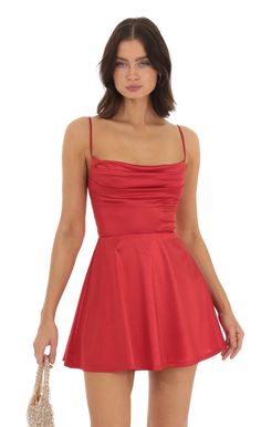 Jewel Satin Cowl Neck Dress in Red | LUCY IN THE SKY Los Angeles, Red Silk Hoco Dress, Red Hoco Dresses Short, Red Formal Dress Short, Colorful Short Dress, Simple Hoco Dresses, Red Semi Formal Dress, Red Hoco Dress, Red Homecoming Dresses Short