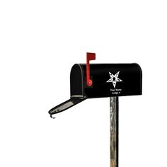 a black mailbox with a red handle and an emblem on the front is shown