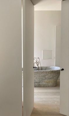 an open door leading to a bathroom with a stone bathtub in the background and wood flooring