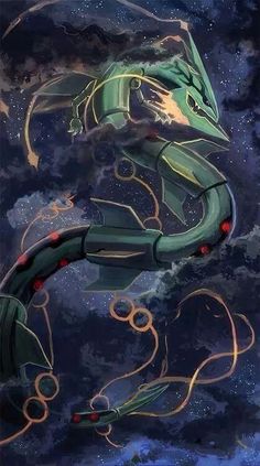 a green dragon flying through the night sky