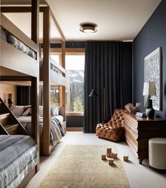 a bedroom with bunk beds and other furniture