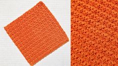 an orange crocheted cloth is shown next to the same color as it appears in this image