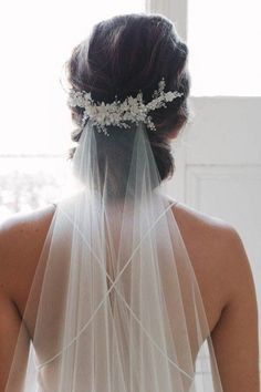 the back of a bride's dress with a veil and flowers in her hair