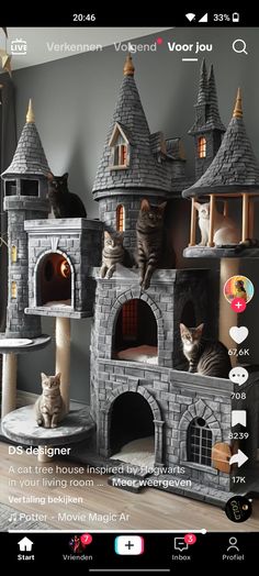 a cat house with two cats sitting on it