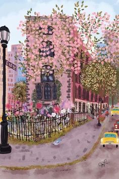 a painting of a city street with cars and flowers
