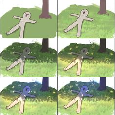 four different pictures of a cartoon character in the grass, with trees and bushes behind them