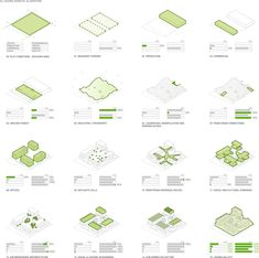 an info sheet showing the various types of buildings and their architectural features, including trees