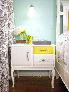 DIY Dresser Makeovers You Can Do in a Weekend : Decorating : Home & Garden Television Dresser Upcycle, Yellow Side Table, Turquoise Room, Repurposed Dresser, Small Dresser, Folding Origami, Eclectic Bedroom, Diy Dresser