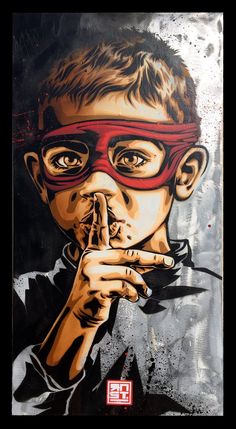 a painting of a boy with glasses on his face and finger to his mouth, in front of a black background