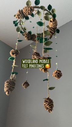 a mobile made out of pinecones hanging from the ceiling with words woodland mobile