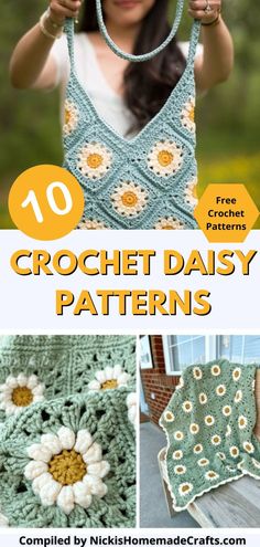 crochet daisy patterns with text overlay that says, 10 free crochet daisy