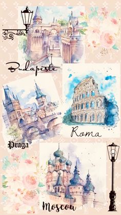 watercolor paintings with different buildings and names