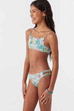 Girl's Janis Floral Square Neck Bralette Top Set - Multi Clr | O'Neill Junior Swimsuits, Floral Squares, Bralette Top, Square Neck Top, Swim Sets, Young Fashion, Bralette Tops, Square Neck, Bralette