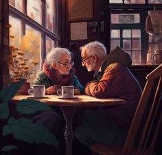 an elderly couple sitting at a table drinking coffee