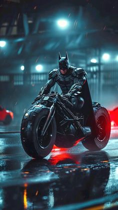 the dark knight rides his motorcycle through the rain