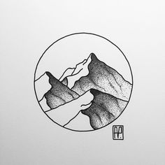 a black and white drawing of mountains in a circle