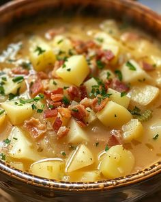 a bowl of soup with potatoes, bacon and parsley