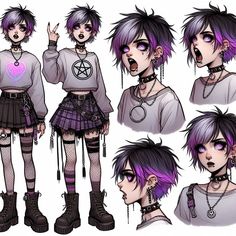 an anime character with purple hair and piercings, wearing goth clothes in various poses