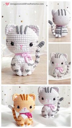 crocheted kitty and kitten amigurma dolls are shown in four different poses