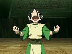 an anime character with his arms wide open in front of the camera, smiling and laughing