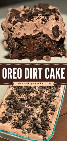a close up of a cake on a plate with the words oreo dirt cake