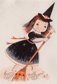 a drawing of a girl dressed as a witch holding a broom and wearing a black dress