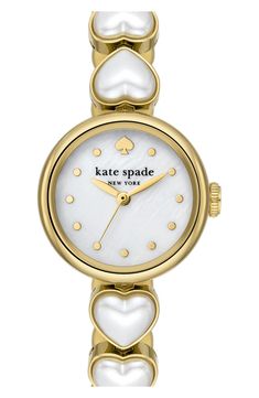 Add an elegant touch to any outfit with this chic round watch featuring a mother-of-pearl dial and a slim bracelet adorned with heart-shaped imitation pearls. 24mm case; 10mm band width Deployant clasp closure Three-hand quartz movement Mother-of-pearl dial Mineral crystal face Stainless steel with goldtone plate/imitation pearl Imported Elegant Gold Watches, Pretty Watches For Women, Heart Shaped Watch, Pearl Watch, Heart Watch, Preppy Jewelry, Cute Watches, Round Watch, Pearl Heart