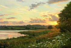 a painting of the sun setting over a lake with wildflowers in the foreground