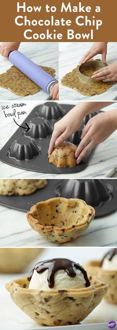 two pictures showing how to make chocolate chip cookies in a muffin pan and then placing them into a cupcake tin