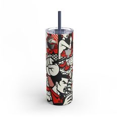 a tumbler cup with mickey and minnie mouses on it, sitting against a white background