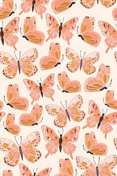 an orange and pink butterfly pattern on a white background with black outlines in the shape of hearts