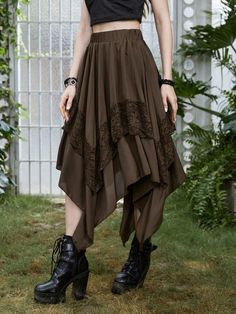 Coffee Brown Casual Collar Fabric Plain Asymmetrical Embellished Non-Stretch Women Clothing Long Hippy Skirt, Long Light Brown Skirt, Fairy Clothing Style, Cute Outfits For Trans Women, Swamp Witch Fashion, Vikingcore Outfits, D&d Clothes, Casual Piratecore Outfits, Mushroom Skirts