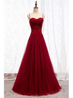 Burgundy Slim Long Tulle Formal Dress With Straps Red Prom Dress Long, Burgundy Evening Dress, Beaded Formal Dress, Red Homecoming Dresses, Stunning Prom Dresses, Fancy Dresses Long, Homecoming Dresses Long, Burgundy Prom Dress, Red Evening Dress