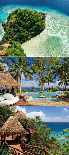 an island is surrounded by water and palm trees