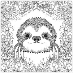 a slotty in the jungle surrounded by leaves and flowers coloring book page for adults