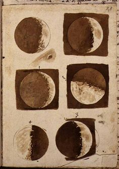 four phases of the moon are shown in an old book with handwritten text on it