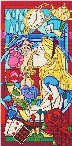 the cross stitch pattern shows a woman playing cards with a clock and roses in front of her