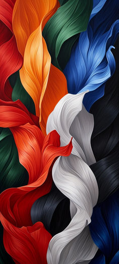 an abstract painting of multicolored wavy hair on black background with white, red, orange, and blue colors