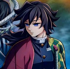 an anime character with long black hair and blue eyes standing in front of a dragon