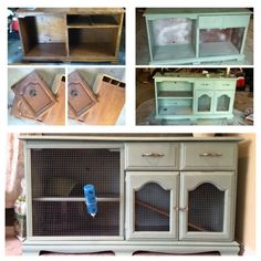 an old dresser has been repurposed into a birdcage