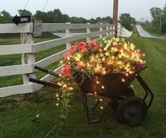 a wheelbarrow filled with flowers and lights