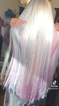 Blue Pink And Blonde Hair, Hair Stencils Glitter, White Skin Hair Color Ideas, Hairstyles With Tinsel, Dyed Wigs, Cute Highlights, Tinsel Hair Extensions, Tinsel Hair, Fairy Vibes