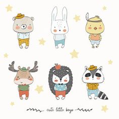 cute little boys and girls animals in cartoon style