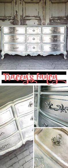 an old dresser has been painted white with silver paint