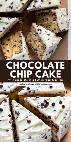 a chocolate chip cake with white frosting and chocolate chips on top is cut into squares