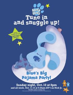 an advertisement for blue's big pajama party at night with stars on the sky