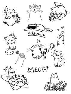 black and white drawing of cats with words that read night nights meow, i love you