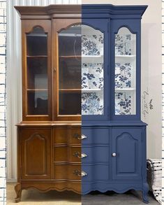 an old china cabinet is painted blue and has been refinished with new paint