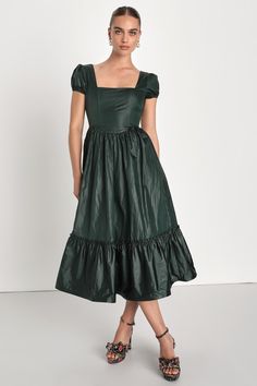 You'll show up looking stunning to any event Lulus Surely Chic Emerald Puff Sleeve Corset Midi Dress With Pockets! Sleek and shiny woven taffeta creates an elegant square neckline, a corset-seamed bodice, and short puff sleeves with elastic cuffs. Basque waist tops a twirl-ready midi skirt with side seam pockets and a ruffled tiered hem. Hidden back zipper/clasp. Fit: This garment fits true to size. Length: Mid-calf length. Size medium measures 47" from shoulder to hem. Bust: Great for any cup s Basque Waist, Midi Dress With Pockets, Corset Midi Dress, Lulu Fashion, Fashion Design Sketches, Puffed Sleeves Dress, Fashion Design Clothes, Corset Dress, Dress With Pockets