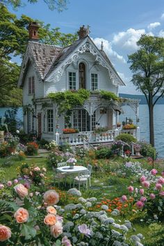 a white house sitting on top of a lush green field next to flowers and trees